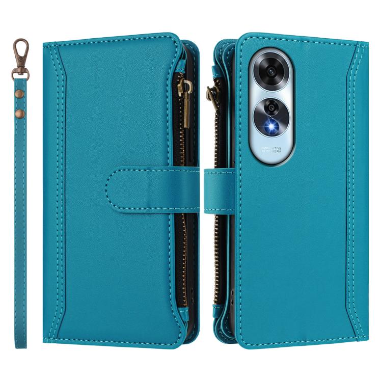For OPPO A60 4G Global Magnetic Closure 9 Card Slots Zipper Leather Case with Hand Strap