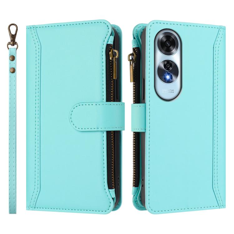 For OPPO A60 4G Global Magnetic Closure 9 Card Slots Zipper Leather Case with Hand Strap