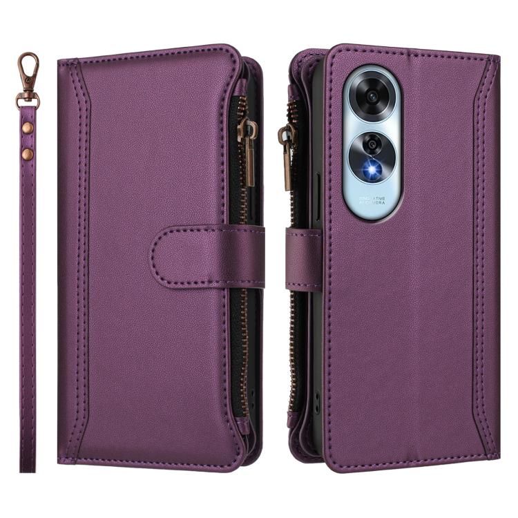 For OPPO A60 4G Global Magnetic Closure 9 Card Slots Zipper Leather Case with Hand Strap