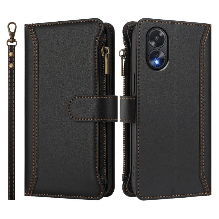 For OPPO A38 4G / A18 4G Global Magnetic Closure 9 Card Slots Zipper Leather Case with Hand Strap