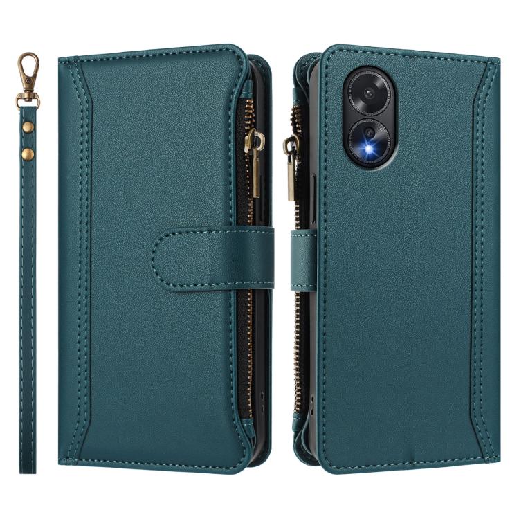 For OPPO A38 4G / A18 4G Global Magnetic Closure 9 Card Slots Zipper Leather Case with Hand Strap