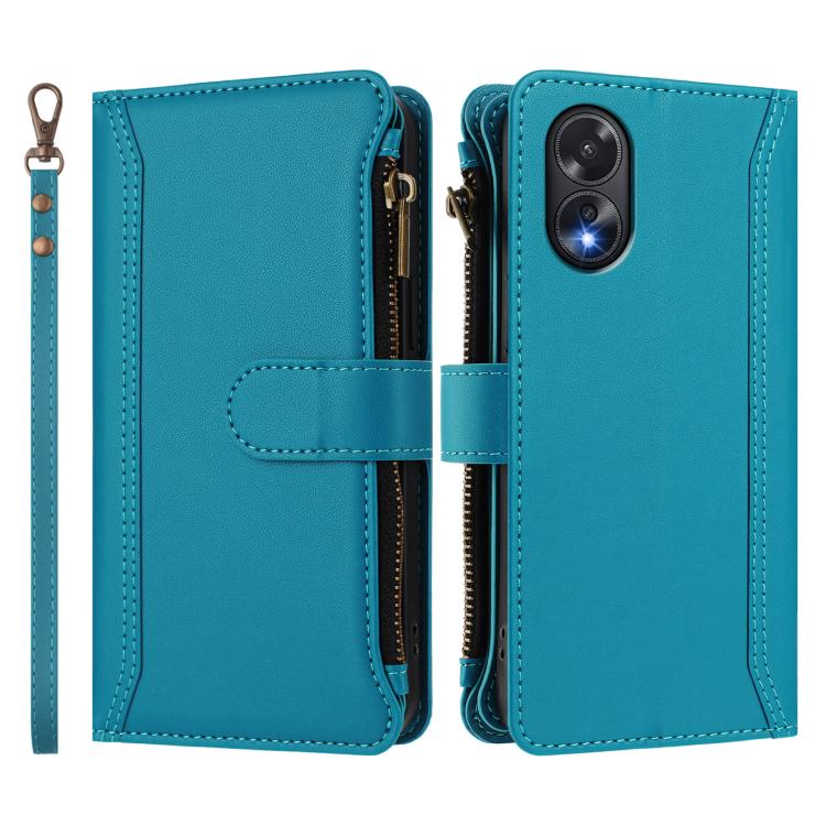For OPPO A38 4G / A18 4G Global Magnetic Closure 9 Card Slots Zipper Leather Case with Hand Strap