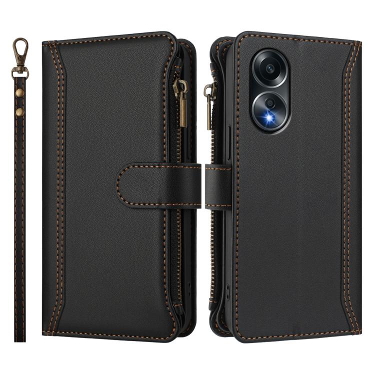 For OPPO A58 4G Global Magnetic Closure 9 Card Slots Zipper Leather Case with Hand Strap