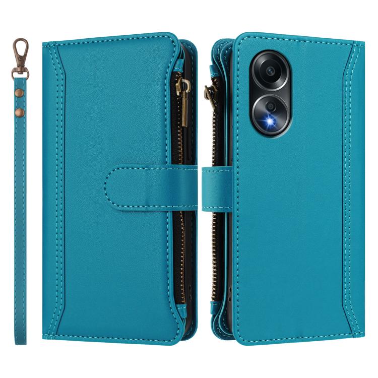 For OPPO A58 4G Global Magnetic Closure 9 Card Slots Zipper Leather Case with Hand Strap