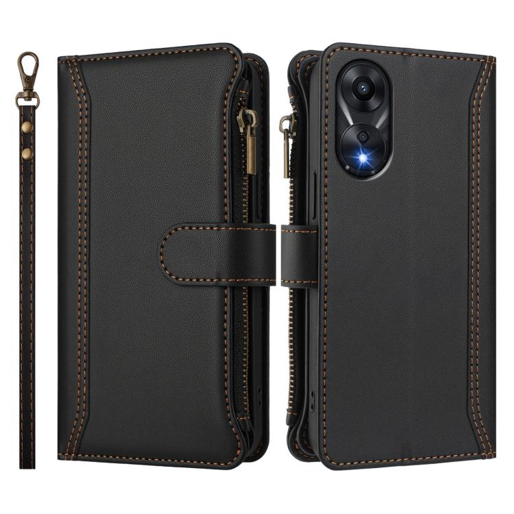 For OPPO A78 4G Global Magnetic Closure 9 Card Slots Zipper Leather Case with Hand Strap