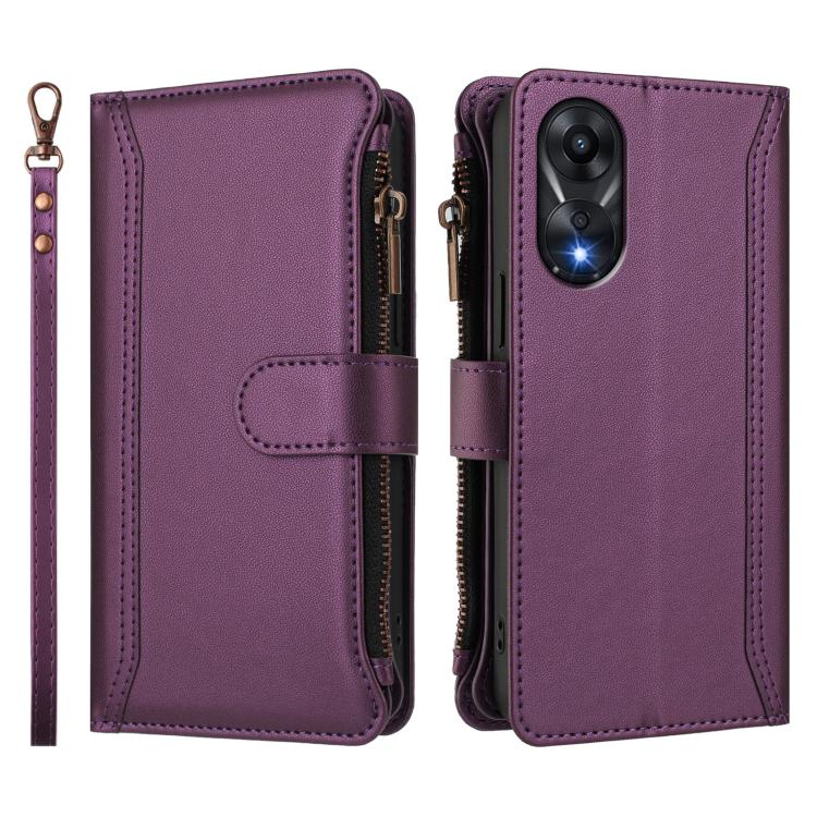 For OPPO A78 4G Global Magnetic Closure 9 Card Slots Zipper Leather Case with Hand Strap