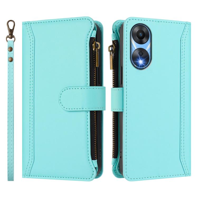 For OPPO A78 5G Global / A1X 5G Magnetic Closure 9 Card Slots Zipper Leather Case with Hand Strap