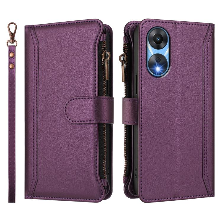 For OPPO A78 5G Global / A1X 5G Magnetic Closure 9 Card Slots Zipper Leather Case with Hand Strap