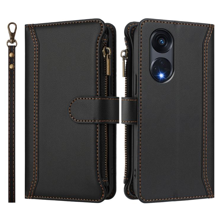 For OPPO A1 Pro 5G / Reno8 T 5G Global Magnetic Closure 9 Card Slots Zipper Leather Case with Hand Strap