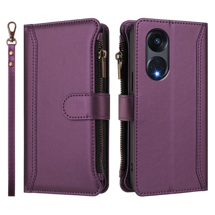 For OPPO A1 Pro 5G / Reno8 T 5G Global Magnetic Closure 9 Card Slots Zipper Leather Case with Hand Strap