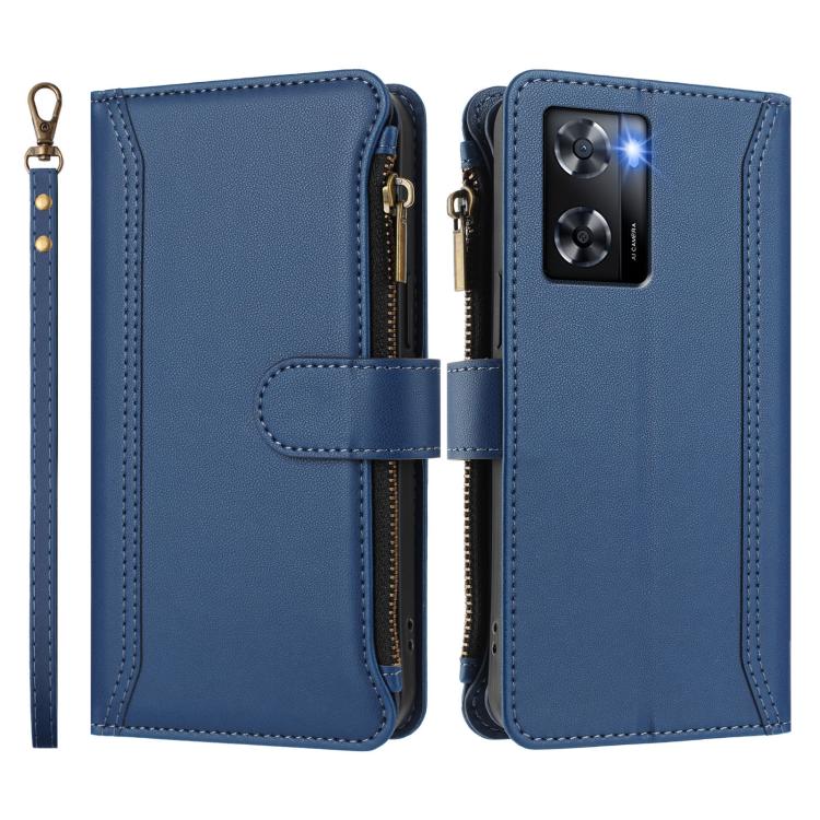 For OPPO A57 4G Global / A77 4G Global Magnetic Closure 9 Card Slots Zipper Leather Case with Hand Strap