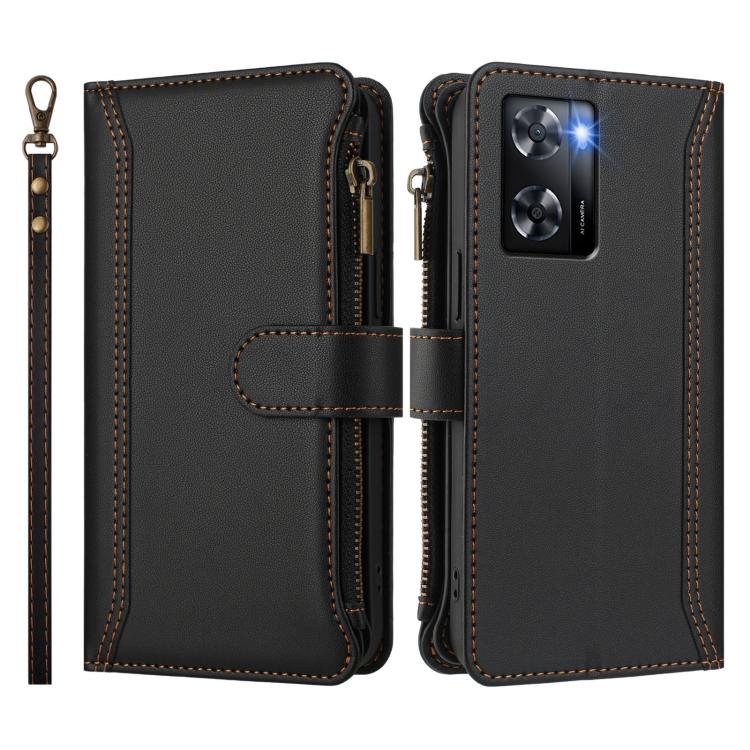 For OPPO A57 4G Global / A77 4G Global Magnetic Closure 9 Card Slots Zipper Leather Case with Hand Strap