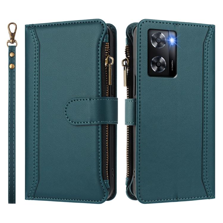 For OPPO A57 4G Global / A77 4G Global Magnetic Closure 9 Card Slots Zipper Leather Case with Hand Strap