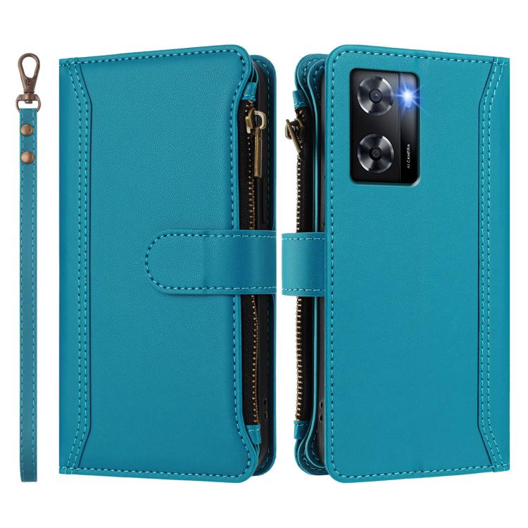 For OPPO A57 4G Global / A77 4G Global Magnetic Closure 9 Card Slots Zipper Leather Case with Hand Strap