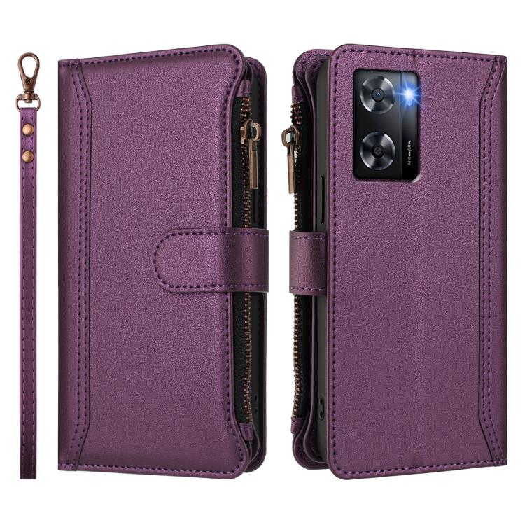 For OPPO A57 4G Global / A77 4G Global Magnetic Closure 9 Card Slots Zipper Leather Case with Hand Strap