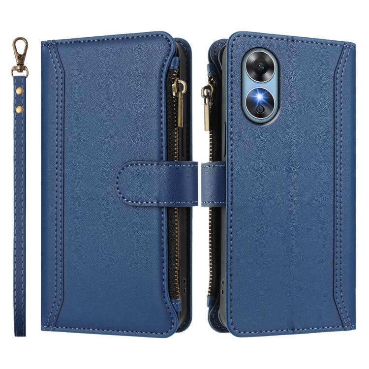 For OPPO A17 4G Global / A17K Magnetic Closure 9 Card Slots Zipper Leather Case with Hand Strap