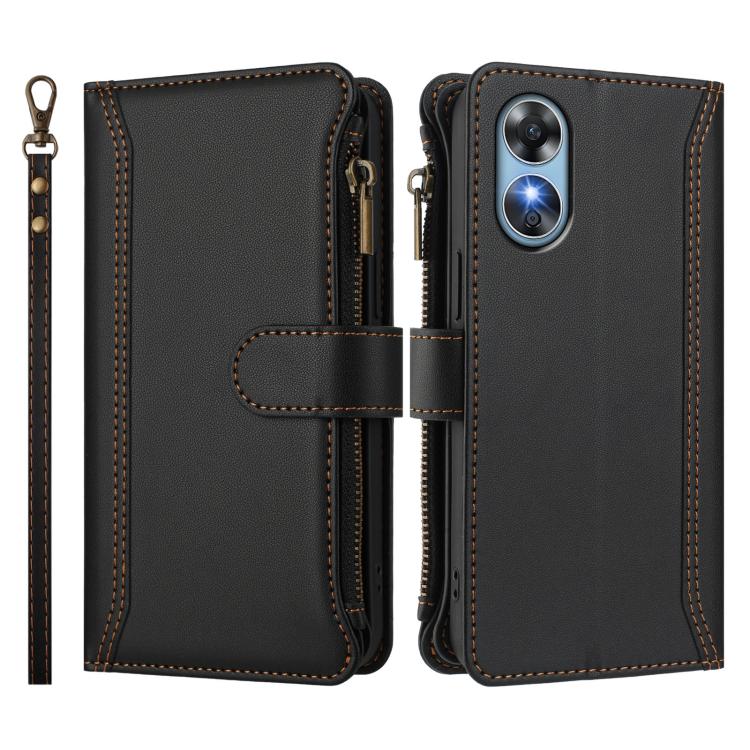 For OPPO A17 4G Global / A17K Magnetic Closure 9 Card Slots Zipper Leather Case with Hand Strap