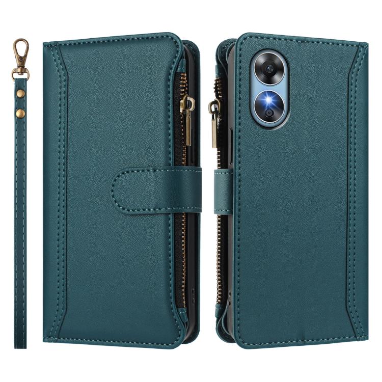 For OPPO A17 4G Global / A17K Magnetic Closure 9 Card Slots Zipper Leather Case with Hand Strap
