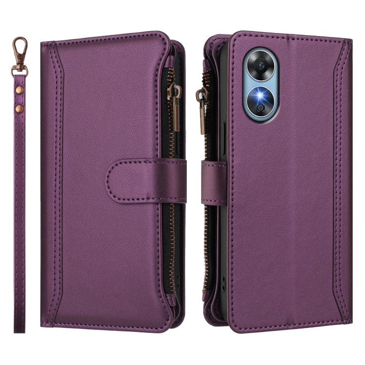 For OPPO A17 4G Global / A17K Magnetic Closure 9 Card Slots Zipper Leather Case with Hand Strap