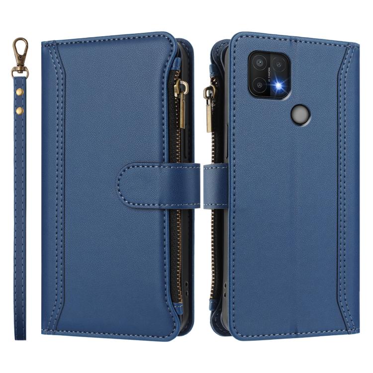 For OPPO A16E / A16K / A35 2021 / A15S Magnetic Closure 9 Card Slots Zipper Leather Case with Hand Strap