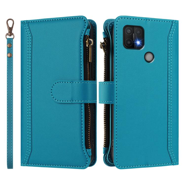 For OPPO A16E / A16K / A35 2021 / A15S Magnetic Closure 9 Card Slots Zipper Leather Case with Hand Strap
