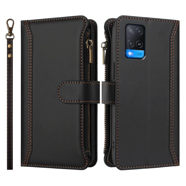 For OPPO A56 5G / A55 5G / A54 4G Magnetic Closure 9 Card Slots Zipper Leather Case with Hand Strap