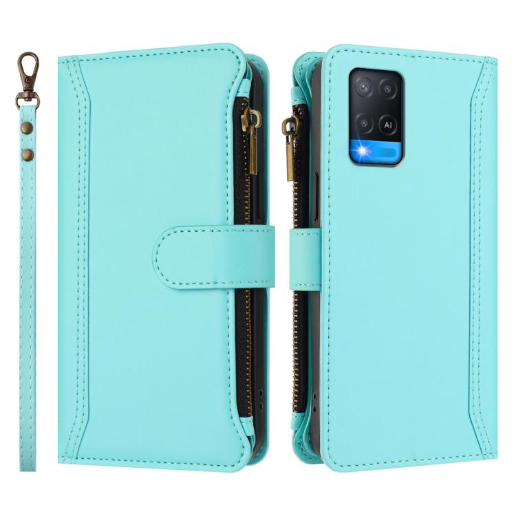 For OPPO A56 5G / A55 5G / A54 4G Magnetic Closure 9 Card Slots Zipper Leather Case with Hand Strap