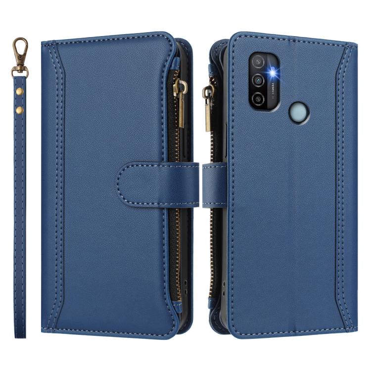 For OPPO A11S 4G Magnetic Closure 9 Card Slots Zipper Leather Case with Hand Strap
