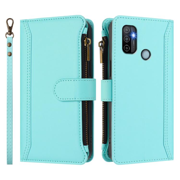For OPPO A11S 4G Magnetic Closure 9 Card Slots Zipper Leather Case with Hand Strap