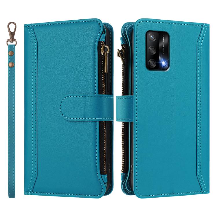 For OPPO A74 4G / F19 / F19S / A95 Magnetic Closure 9 Card Slots Zipper Leather Case with Hand Strap