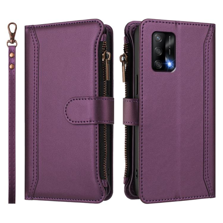 For OPPO A74 4G / F19 / F19S / A95 Magnetic Closure 9 Card Slots Zipper Leather Case with Hand Strap