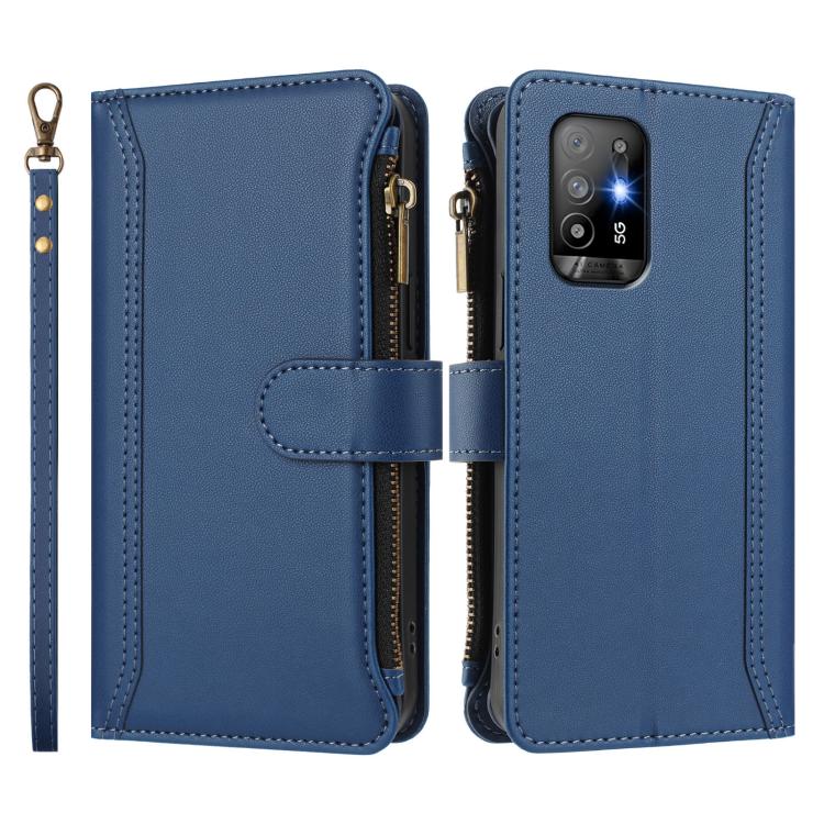 For OPPO A94 5G Global / Reno5 Z Magnetic Closure 9 Card Slots Zipper Leather Case with Hand Strap