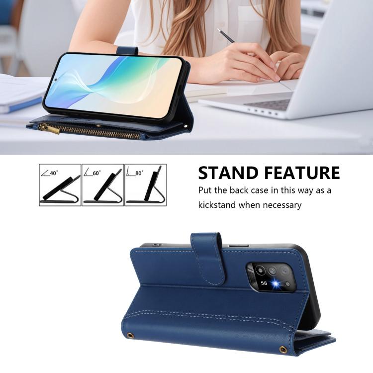 For OPPO A94 5G Global / Reno5 Z Magnetic Closure 9 Card Slots Zipper Leather Case with Hand Strap