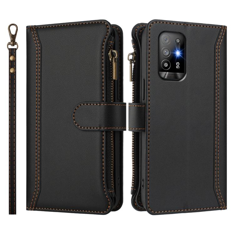 For OPPO A94 5G Global / Reno5 Z Magnetic Closure 9 Card Slots Zipper Leather Case with Hand Strap