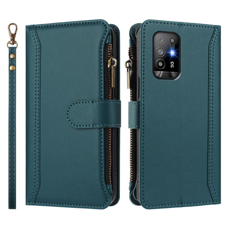 For OPPO A94 5G Global / Reno5 Z Magnetic Closure 9 Card Slots Zipper Leather Case with Hand Strap