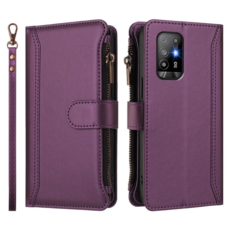For OPPO A94 5G Global / Reno5 Z Magnetic Closure 9 Card Slots Zipper Leather Case with Hand Strap