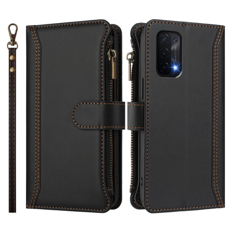 For OPPO A54 5G / A74 5G Magnetic Closure 9 Card Slots Zipper Leather Case with Hand Strap