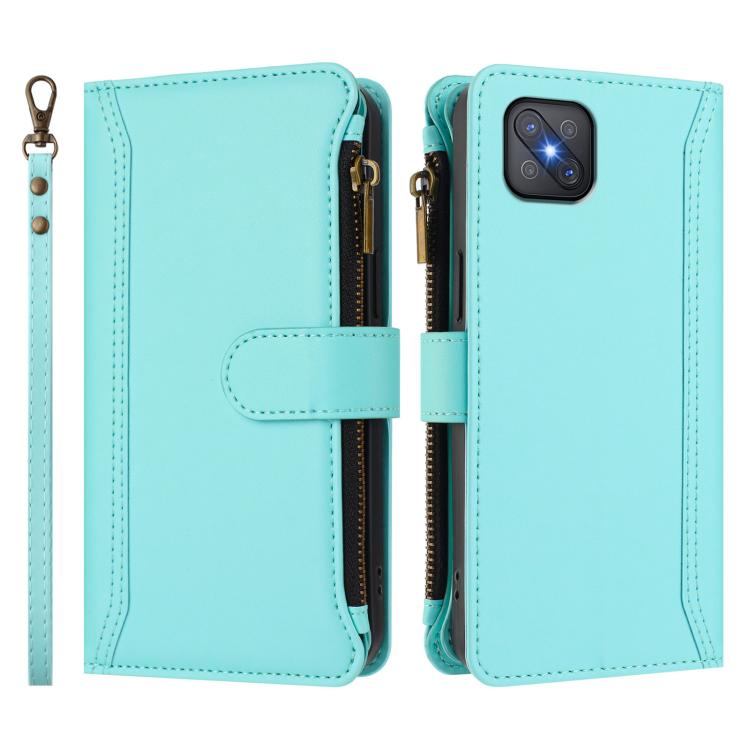For OPPO A92S 5G Magnetic Closure 9 Card Slots Zipper Leather Case with Hand Strap