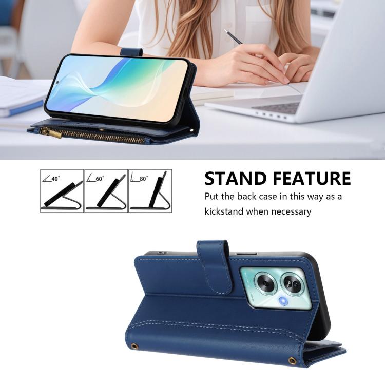 For OPPO A79 5G Global Magnetic Closure 9 Card Slots Zipper Leather Case with Hand Strap