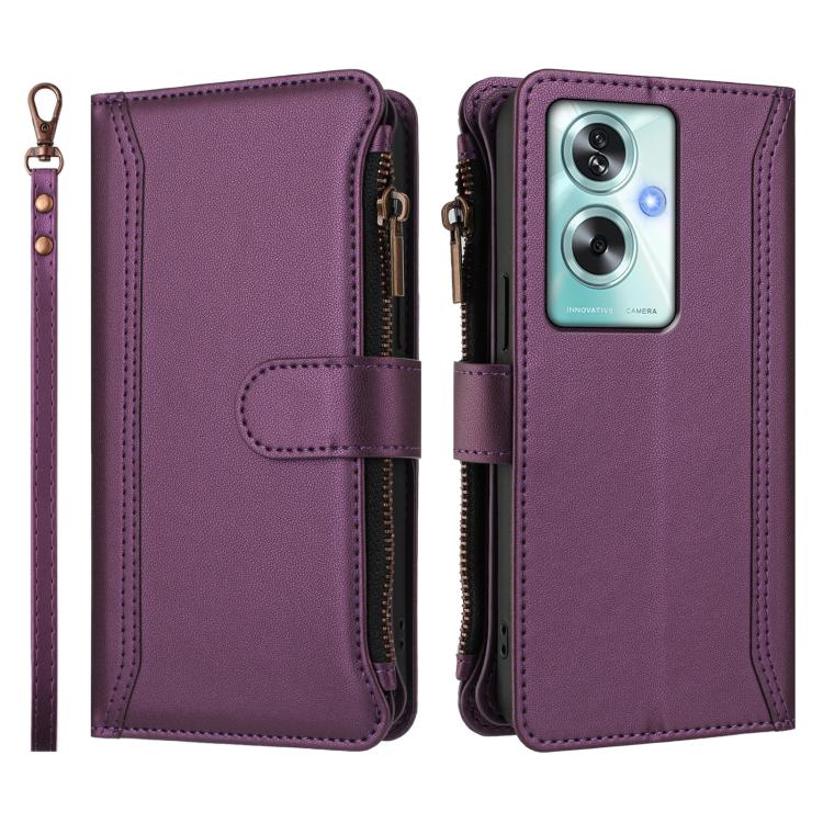 For OPPO A79 5G Global Magnetic Closure 9 Card Slots Zipper Leather Case with Hand Strap