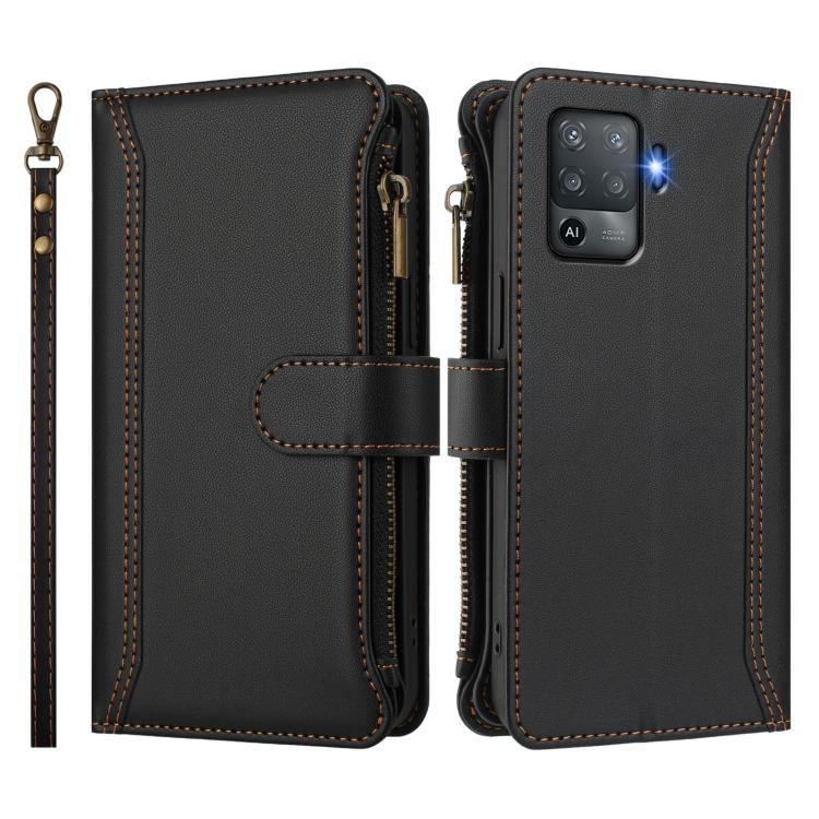 For OPPO F19 Pro / Reno5 F / Reno5 Lite Magnetic Closure 9 Card Slots Zipper Leather Case with Hand Strap