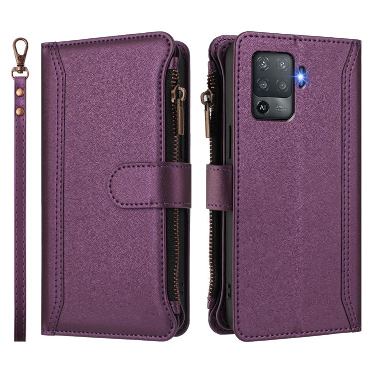 For OPPO F19 Pro / Reno5 F / Reno5 Lite Magnetic Closure 9 Card Slots Zipper Leather Case with Hand Strap
