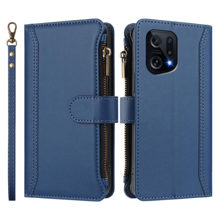For OPPO Find X5 Magnetic Closure 9 Card Slots Zipper Leather Case with Hand Strap