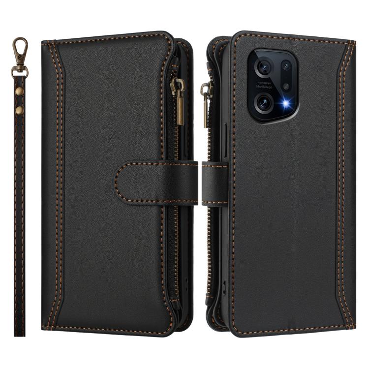 For OPPO Find X5 Magnetic Closure 9 Card Slots Zipper Leather Case with Hand Strap