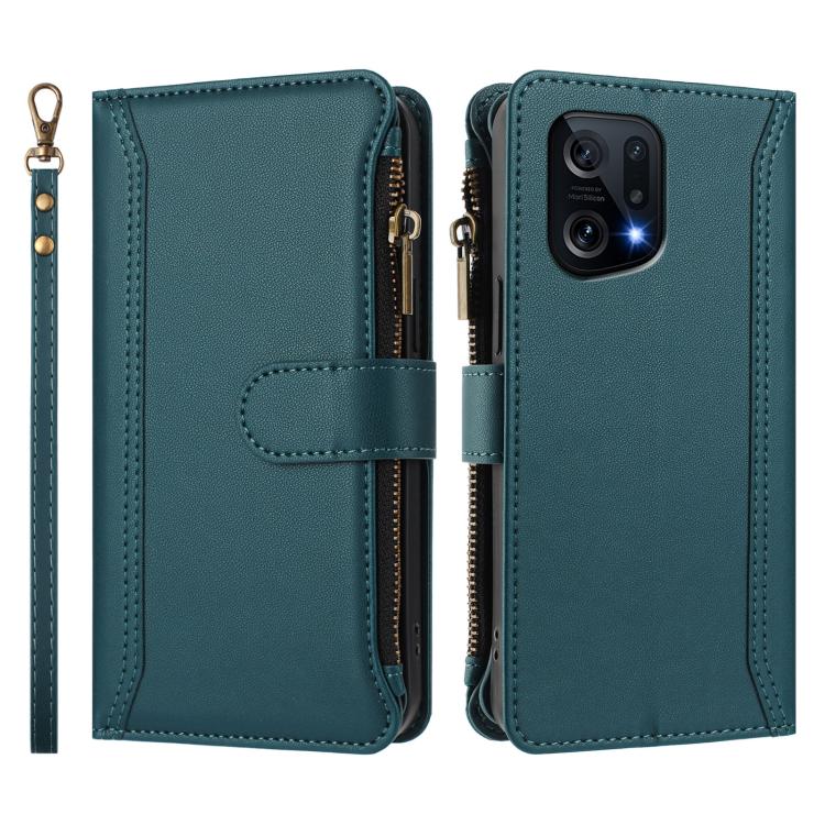 For OPPO Find X5 Magnetic Closure 9 Card Slots Zipper Leather Case with Hand Strap