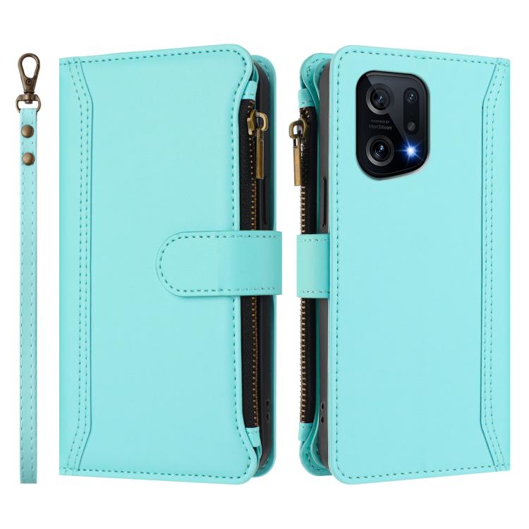 For OPPO Find X5 Magnetic Closure 9 Card Slots Zipper Leather Case with Hand Strap