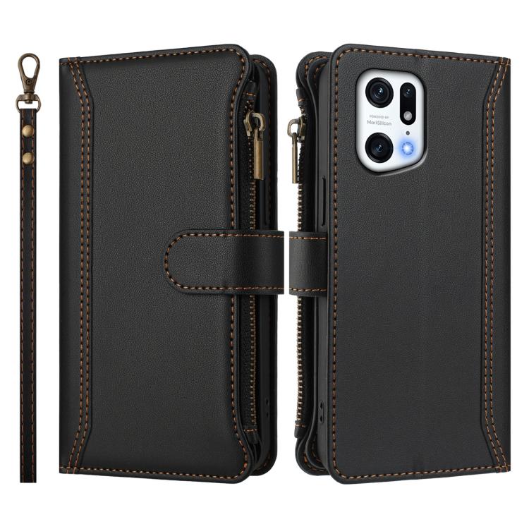 For OPPO Find X5 Pro Magnetic Closure 9 Card Slots Zipper Leather Case with Hand Strap