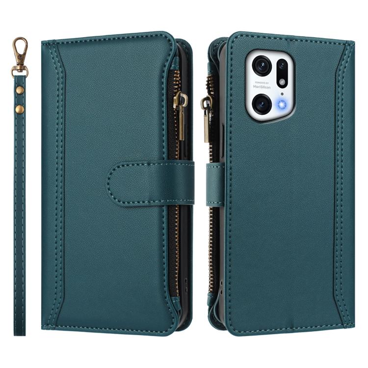 For OPPO Find X5 Pro Magnetic Closure 9 Card Slots Zipper Leather Case with Hand Strap