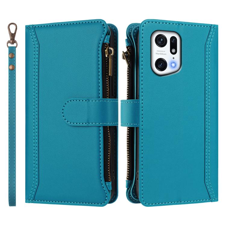 For OPPO Find X5 Pro Magnetic Closure 9 Card Slots Zipper Leather Case with Hand Strap