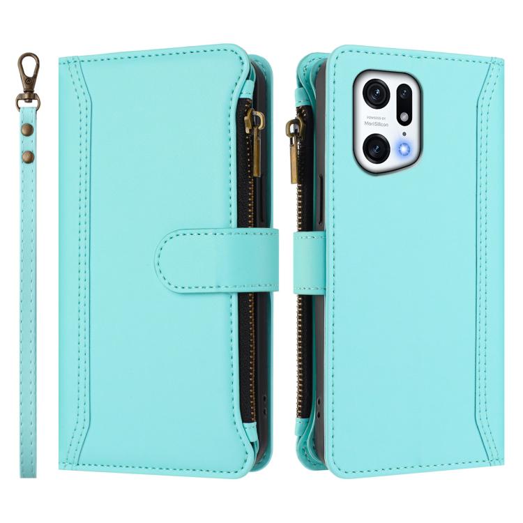 For OPPO Find X5 Pro Magnetic Closure 9 Card Slots Zipper Leather Case with Hand Strap